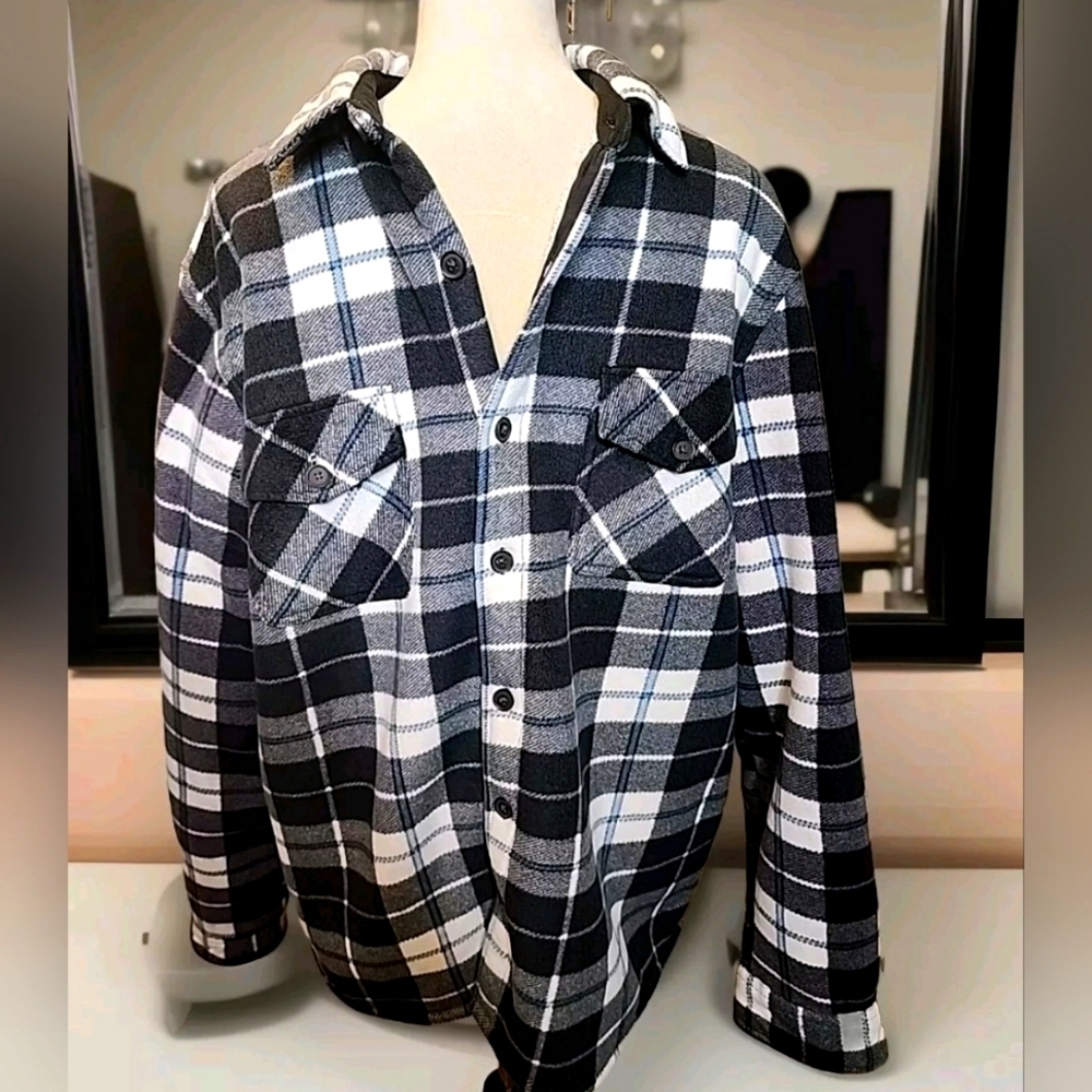 Freedom FOUNDRY BLACK WHITE BUTTON DOWN PLAID sherpa Flannel Large
